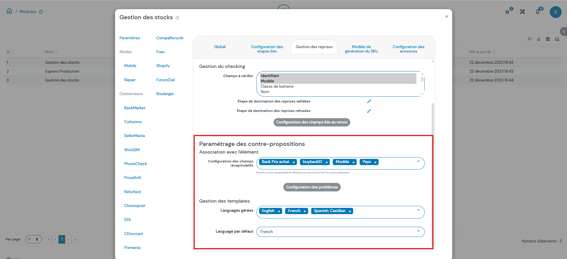 Panel de configuration